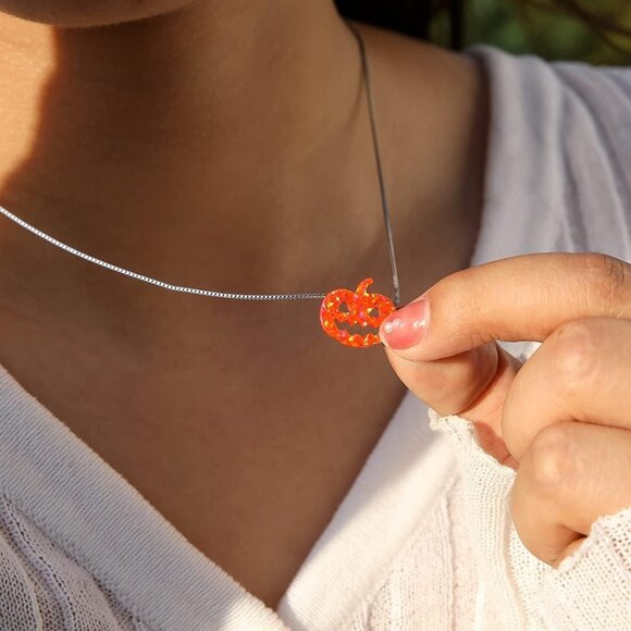 Halloween Ghost Pumpkin Opal Necklace, 925 Sterling Silver White Orange Fire Opa - Picture 4 of 6